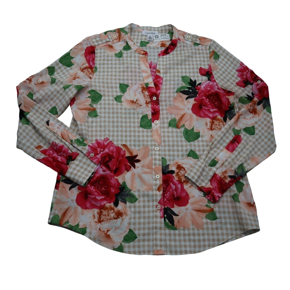 Calvin Klein Shirt Women Medium Check Floral Long Sleeve Button Up Casual